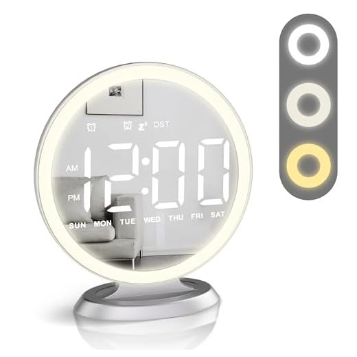 Round Mirror Lighted Digital Alarm Clock, Mirror Surface for Makeup, Large Display, Easy Setting, Auto DST, Auto Dimming, USB Port, Modern Decor for Home, Bedroom, Office, Gift for Women, Girl, Silver