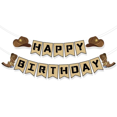 Pancarta de feliz cumpleaños del oeste: decoraciones preensambladas para fiestas de vaqueros con sombrero y botas, fáciles de colgar para fiestas temáticas del oeste, cumpleaños de vaqueros y eventos