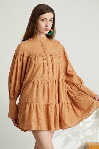 Image of Summer Cotton V Neck Long Losse Sleeve Casual Party A-Line Dresses Embroidery Short Dress