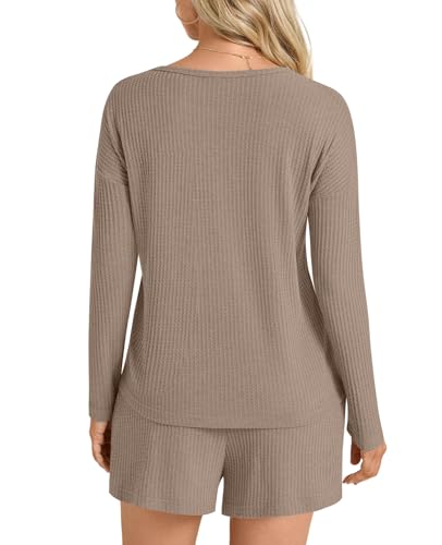 Image of Anydoll Womens Pajama Sets Waffle Knit Lounge Sets Long Sleeve Top and Shorts 2 Piece Loungewear with Pockets