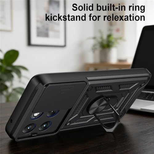 Image of Casodon Shockproof Back Case Cover for Moto Edge 70 Fusion 5G, Shockproof Moto Edge 70 Fusion Back Cover, Ring Case with Kickstand and Camera Protection Shutter - Black