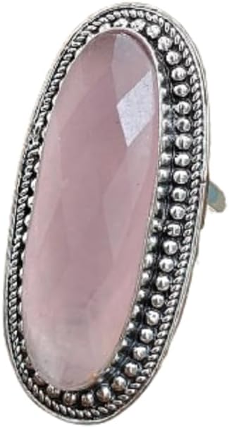 Handcrafted Long Rose Quartz Statement Ring - 925 Sterling Silver Plated Genuine Gemstone Bridal Jewelry, Wedding/Bridesmaid Gift for Women, Natural Pink Crystal Engagement Ring