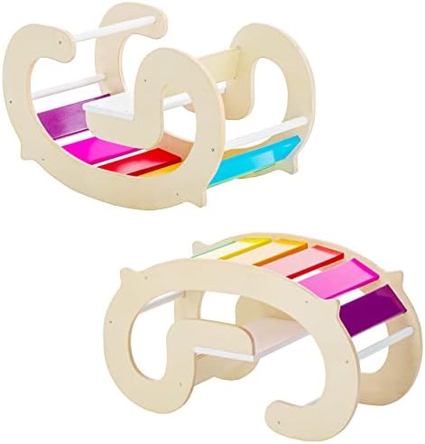 Wood Rainbow Rocker Chair for Toddlers, Waldorf Rocking Play, Wooden Climbing Toys for Kid, Baby Rocking Horse