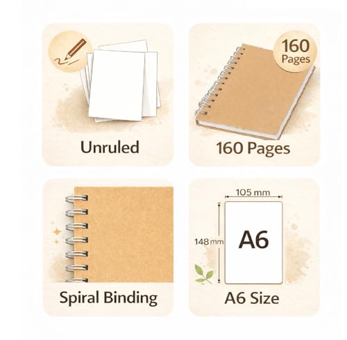 Image of AccuPrints (Pack of 2 A6 Spiral Notebook, Kraft Cover, Unruled, 160 Pages, 148mm x 105mm, Pocket Diary for Writing and Sketching