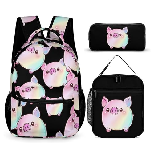Rainbow Pigs Travel Backpack Lunch Box Pencil Case 3Pcs Set for Men Women Office Outing University