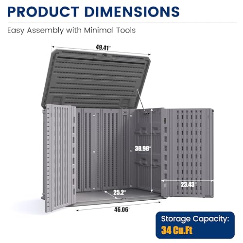 Image of UDPATIO 34 Cu.Ft Resin Storage Shed,Horizontal Outdoor Shed,Grey | HDPE,Easy to Assemble,Lockable,with Floor,Waterproof,Plastic Cabinet,Tool Shed,Small Shed,Generator,Garden,Backyard,Lawn