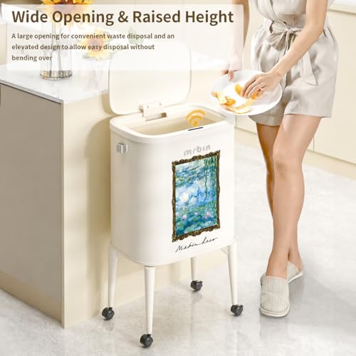 Image of MRBIN Metal Motion Sensor Kitchen Trash Can with Wheel Legs, Medium Press Lid Slim Waste Basket, 36L / 9.5gal Pet Proof Tall Narrow Garbage Pail for Vanity, Living Room, Bathroom, Bedroom, Water Lily