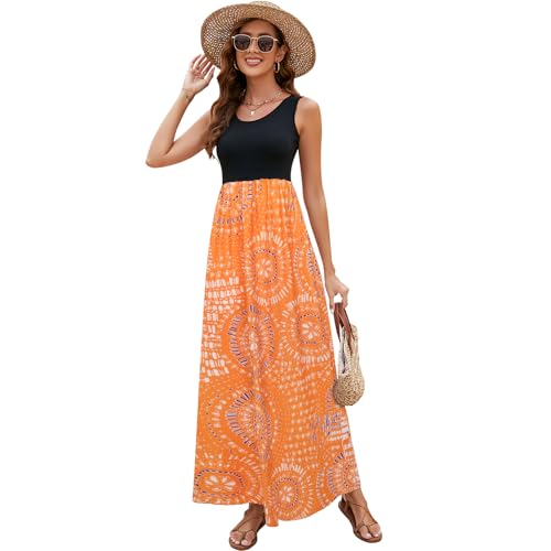 Image of Sherosa Women Boho Chevron Striped Floral Printed Summer Sleeveless Tank Long Maxi Party Dress