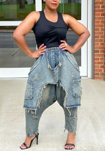 Unybwonn Womens Harem Jeans Baggy Cargo Hippie Patchwork Denim Pants Casual Elastic Waist Wide Leg Jogger Trousers - Image 6