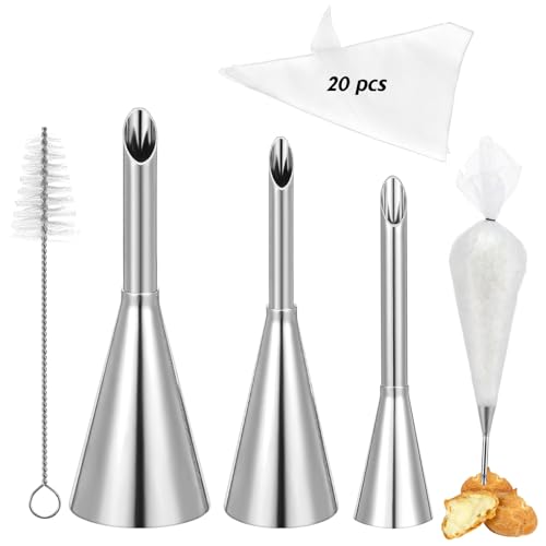 KFHENSOMR Cream Puff Cupcake Filler Piping Tips Kit 3 Pcs Stainless Steel Long Puff Nozzle Tips & 20 Disposable Pastry Piping Bags with Injector Tip Cleaning Brush for Donuts Pastry Filling