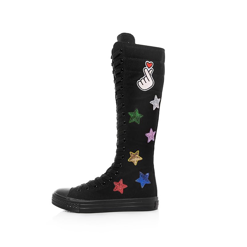 Knee High Canvas Boots for Women Y2K Stars Lace Up Sneaker Boots Side Zip Canvas Shoes Rave Punk