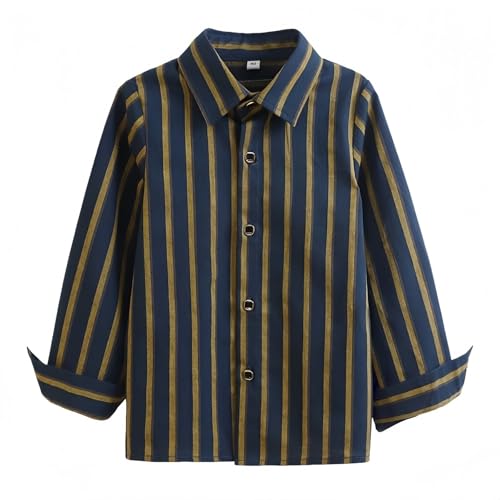 Toddler Boys Girls Formal Dress Shirts Striped Long Sleeve Tees Crewneck Button Down Casual Preppy (Blue, 9-10 Years)