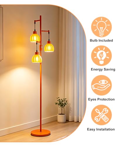 Image of Lightdot 65'' Glass Floor Lamp Dimmable Orange with Lotus Glass Shade & 3000K Bulbs Included 3-Lights Modern Tall Standing Lamp with 5Lbs Heavy Base for Living Room /Bedroom /Sofa /Corner Decor