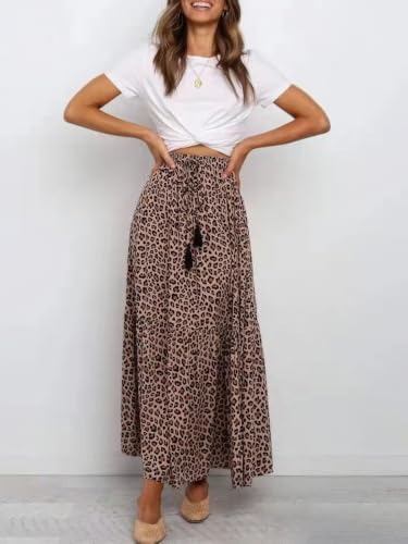ebossy Women's Summer Leopard Print Tie Front High Waist Side Slit Flowy Swing A-line Maxi Skirts2