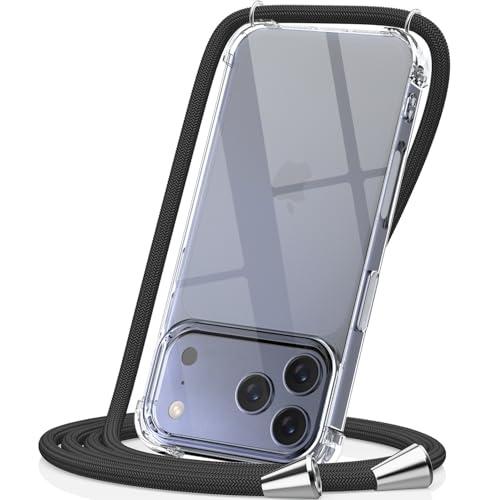 CAROKI Crossbody Case for iPhone 17 Pro Max,Necklace Mobile Phone Cover with Cord Strap Clear Transparent Soft Cover for iPhone 17 Pro Max Holder with Neck Cord Lanyard Strap-Black