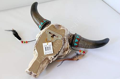 EastMeetsWest Turquoise Steer Cow Skull Rustic with Indian Feather Hand Painted Wall Mounted Life-Like Detail