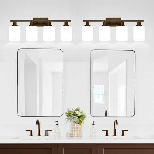 Image of MOKATNG 4-Light Bathroom Light Fixtures, Vanity Light with Milky White Shades, Oil-Rubbed Bronze Bathroom Light Fixtures Over Mirror, Modern Bathroom Wall Lamp for Mirror Living Room Cabinet Bedroom