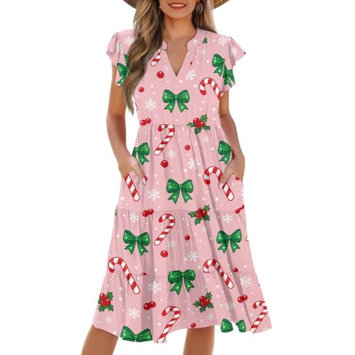 Image of Women's Casual Ruffle Sleeve Dress V Neck Pullover Dress Flowy A-Line Pleated Lightweight Dress with Pockets