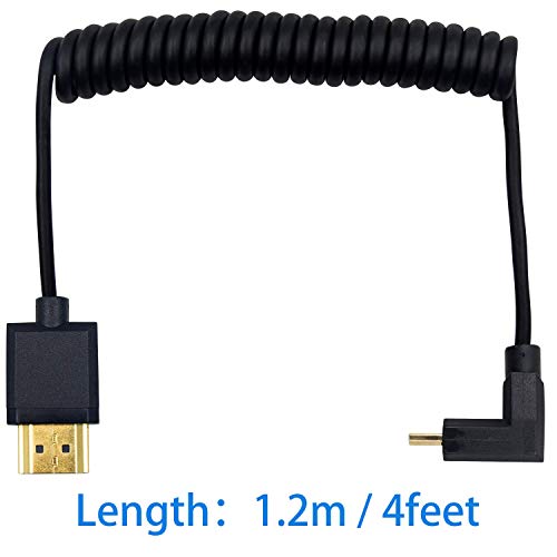 Image of Duttek Micro HDMI to Standard HDMI Coiled Cable - Extreme Slim UP Angled Male to Male for 1080P, 4K, Ultra HD, 3D (1.2M /4FT)