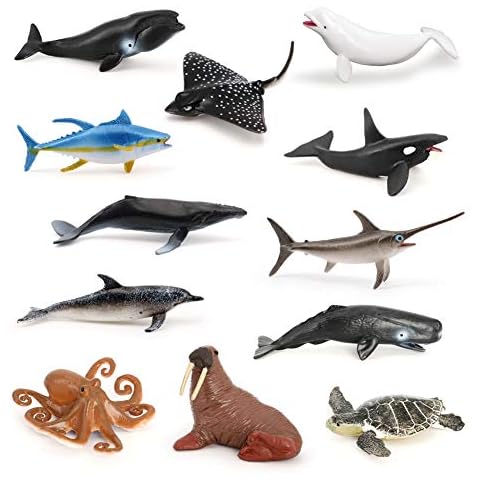 Volnau Mini Sea Creature Toys Figures 12PCS Ocean Fish Animal Figurines for Toddlers Kids Decoration Plastic Preschool Marine Pack and Bath Set Orca Great White Shark Turtle Cover