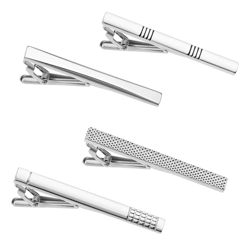 COMNICO 4 Pcs Tie Bar Clip for Men Silver Personalized 2.3 Inch Tie Clips Set Tie Tack Pins Business Suit Accessories Men for Wedding Boyfriend Gift Fathers Day Valentines Day