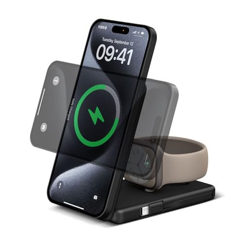 DDUAN Station de Charge sans Fil 3 en 1 Compatible avec iPhone 15 14 13 12/Watch, Pliable, 5000 mAh, avec Adaptateur PD 20 W, Noir