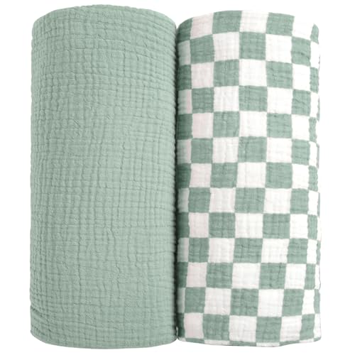 Image of lulumoon Muslin Swaddle Blankets for Baby: Soft Cotton Newborn Receiving Blankets - Plaid Print Nursery Gift Set for Baby Girls(SagePlaid)