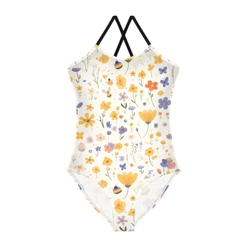 Embroidery Bee Butterfly Flowers Kids Girls 1 Piece Swimsuits Beach Swimwear with Adjustable Straps UPF 50+