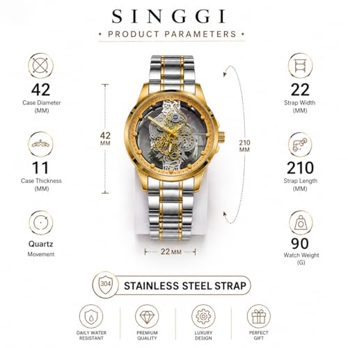 Image of Premium Skeleton Style Quartz Watch for Men - Luxury Two-Tone Gold & Stainless Steel Mechanical Look Analogue Wristwatch, Transparent Steampunk Dial, Fashion Dress Watch