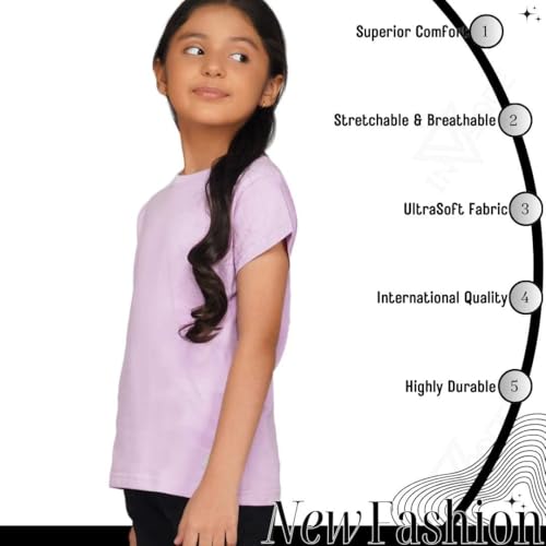 Image of Kids Round Neck Girls Tshirt | Short Sleeves | Natural Organic 100% Cotton Soft Comfortable Fabric | Plain Color Original Branded Half Sleeve | School t-Shirt for Girl Kid | Sleepwear Everyday Casual