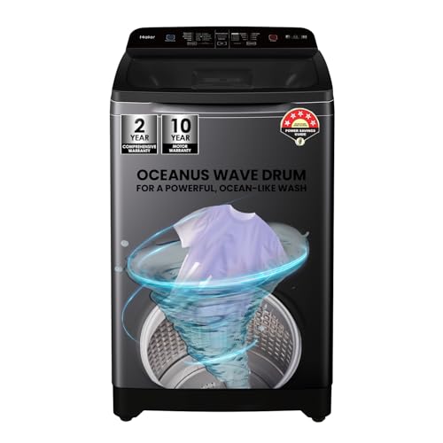 Image of Haier 7 Kg, 5 Star, Oceanus Wave Technology Toughened Glass Fully Automatic Top Loading Washing Machine (HWM70-678ES8, Magic Filter, Softfall, Near Zero Pressure, Dark Jade Silver)