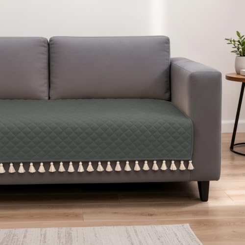 Image of HOMEMONDE 2 Seater Quilted Velvet Sofa Cover with Tassels |Soft, Durable & Premium Fabric with Tassels | Sofa Cover Mats for Living Room, Bedroom, Drawing Room & Office (76 X 122 CM, Grey)