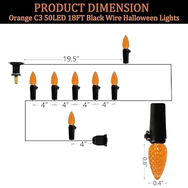 Orange C3 Halloween String Lights 50LED Strawberry 18ft Waterproof Black Wire Lights for Outdoor Indoor Garden Yard Home Halloween Party Decoration(Orange)