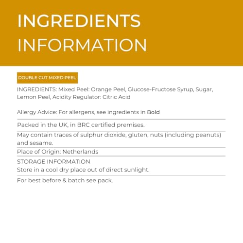 Hides Fine Foods - Double Cut Mixed Peel 1kg - GMO Free - Suitable for Vegetarians - Baking - Desserts - Decorating - Cakes - Cookies - Tart - Mincemeat - Mince Pies - Panettone - Christmas Cake