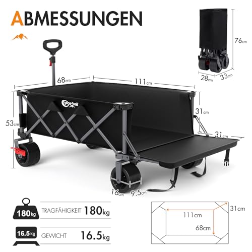 Portal Bollerwagen faltbar XXXL 600L Große Ladefläche 180kg Belastbar Ultrabreit Handwagen mit Seitentasche Transportwagen Leiterwagen Klappbar Strandwagen Faltwagen für Garten Camping Festival