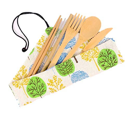 🔥 Flash Sale Bamboo Cutlery Set - Kitchen Utensils, Travel Reusable Wooden Fork Knife Spoon Straw Chopsticks - Eco Friendly, Natural Organic Flatware - Camping, Portable, Travel 6 Pieces Pack Set With Bag