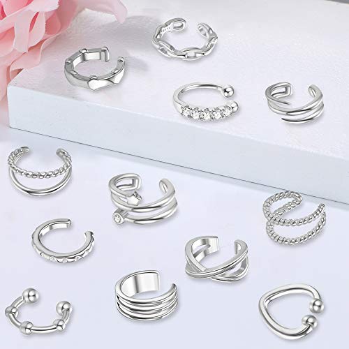 Subiceto 12 PCS Ear Cuff Dainty Helix Earrings Huggie Stud for women Earring Set Silver - Thumbnail 4