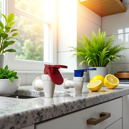 Wasserkühler-Wasserhahn, 2 Stück, Kunststoff-Wasserkühler-Zapfen, wiederverwendbarer Auslauf, auslaufsicher, Wasser-Getränkehebel, Ausgießventil, Wassertopf, Wasserhahn, Blau und Rot (rote