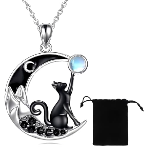 KUMSODE Collar de Gato Plata de Ley 925 Piedra del Zodíaco con Gato en la Luna Colgante Collar Joyería para Mujer Niña