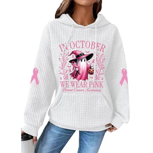 In October We Wear Pink Sweatshirt Halloween Ghost Breast Cancer Awareness Hoodie Warrior Waffle Shirt