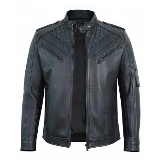 STOREJEES Jaqueta masculina de couro - jaqueta de couro clássica de pele de cordeiro real gola masculina, Jaqueta de motociclista - preta, PP