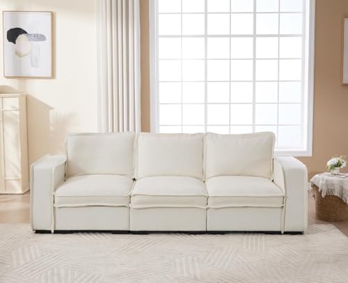 Image of EALSON 93 inch Modular Sectional Sofa Modern Comfy 3-Seater Couch Sofa Linen Fabric Cloud Couches with 24 inch Deep Seat and Wooden Legs for Living Room /Bedroom, White