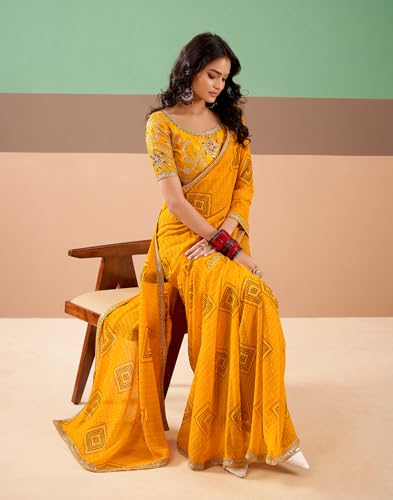 Image of SIRIL Women's Georgette Bandhani Printed, Embroidery Lace Saree With Unstitched Blouse Piece