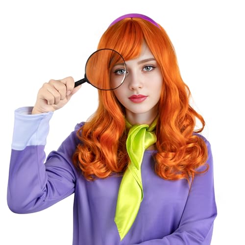 Orange Long Curly wigs with bangs Wig for Women Ginger wave Hair wig Costume Wigs for Girls with Scarft Headband for Halloween Party