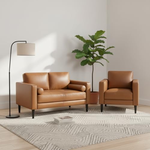 Naomi Home Genuine Leather Sofa Set, Mid-Century Modern Tan