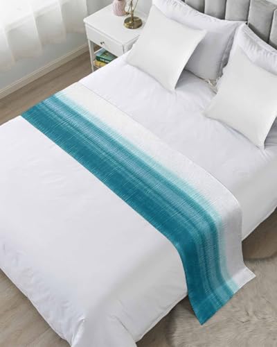 Yukro Gradient Bed Runner Scarf, Teal White Gradient Abstract Ombre Texture Modern Art Full Bed Scarf Runner, No Fading Decorative Bedding Scarf for Bedroom Hotels Homes and Guestrooms