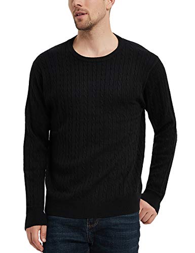 Kallspin Mens Cashmere Wool Blended Cable Knit Crewneck Sweater Relaxed Fit Long Sleeve Sweater Pullover (Black, Large)