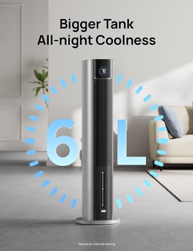 Image of DREO Evaporative Air Swamp Cooler, 43 inch Cooling Fans that Blow Cold Air 2026 Upgraded, 80 Oscillating Floor Fan for Bedroom, Easy Cleaning, APP Control, Ice Packs, 4 Speeds 4 Modes, 12H Timer, Silver