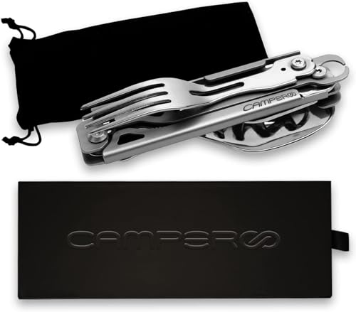 CAMPEROO® camping besteck - reisebesteck aus Edelstahl – Klappbares & Abnehmbares Besteck für Camping/Reise/Wandern/Picknick – 6-in-1 Werkzeug (Löffel – Gabel – Messer) – inkl. Etui