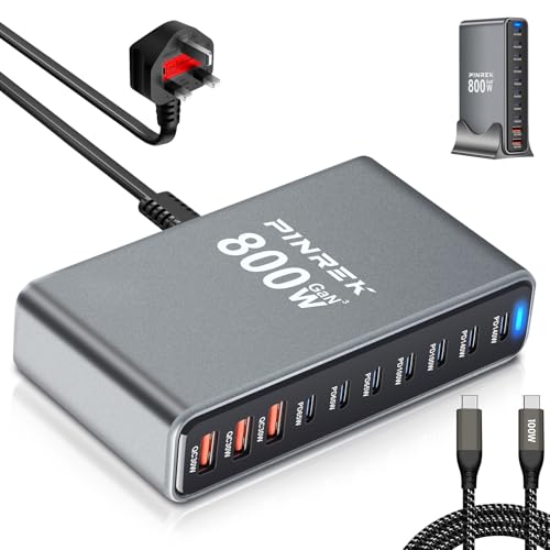 PINREK 800W 10-Port Charging Station for Multiple Devices 140W PD3.1 GaN Desktop USB C Charger Hub with 8 USB-C 2 USB-A PPS QC4.0+ Power Adapter for MacBook iPhone Galaxy 100W Cable Included
